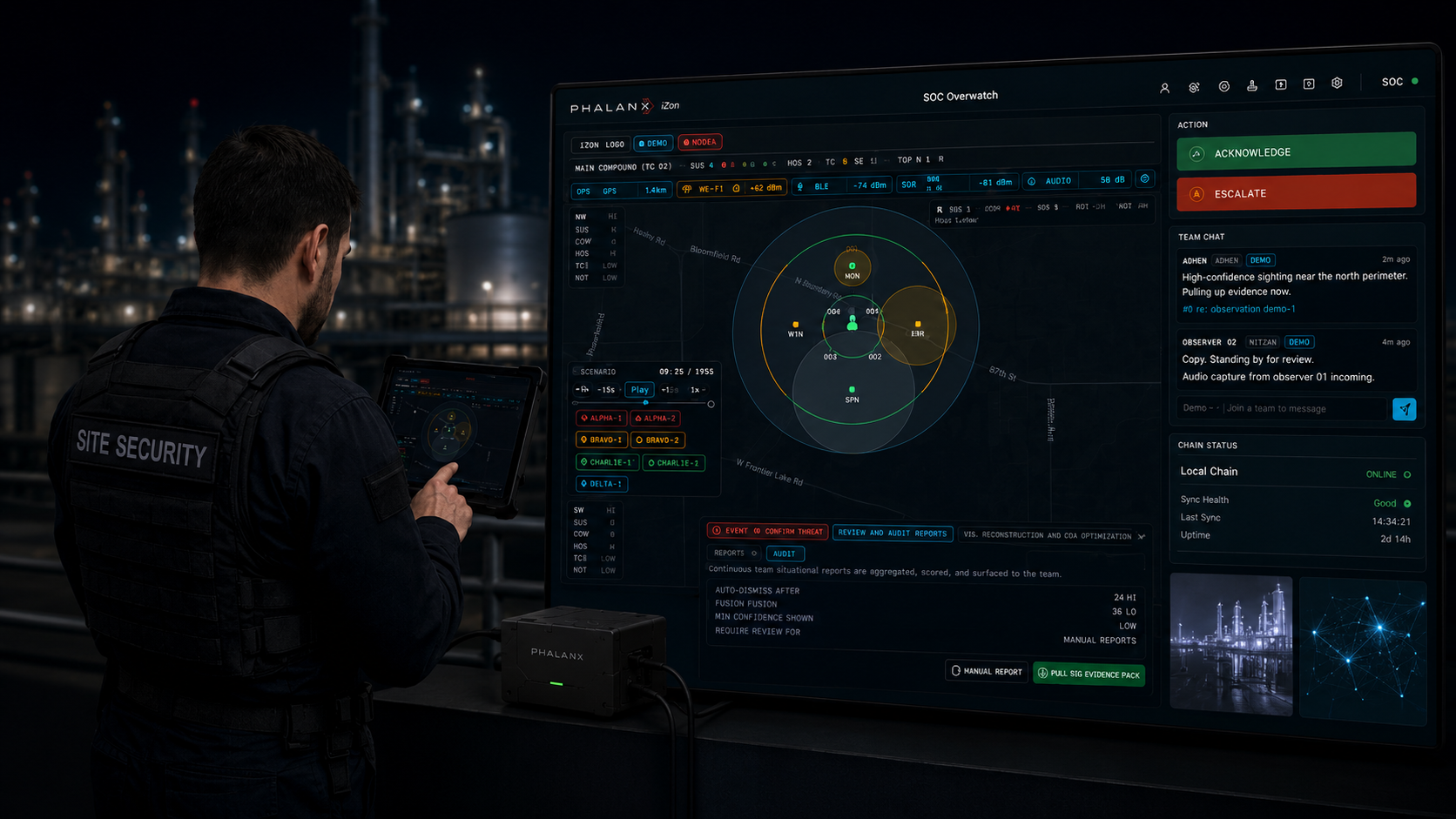 Site security operator at a refinery monitoring the full SOC Overwatch display with a PHALANX appliance on the desk, fusing PHALANX Link detections and Mobile Observer Kit reports into one operating picture